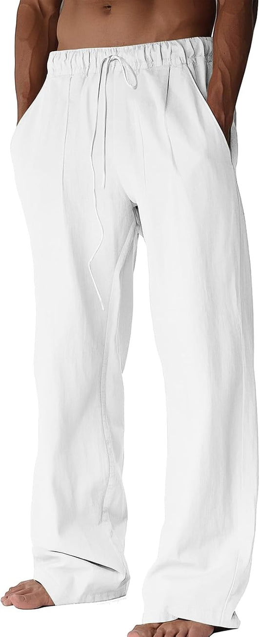 BUXKR Men's Linen Pants Beach Casual Cotton Summer Lightweight Elastic Waist Drawstring with Deep Pockets