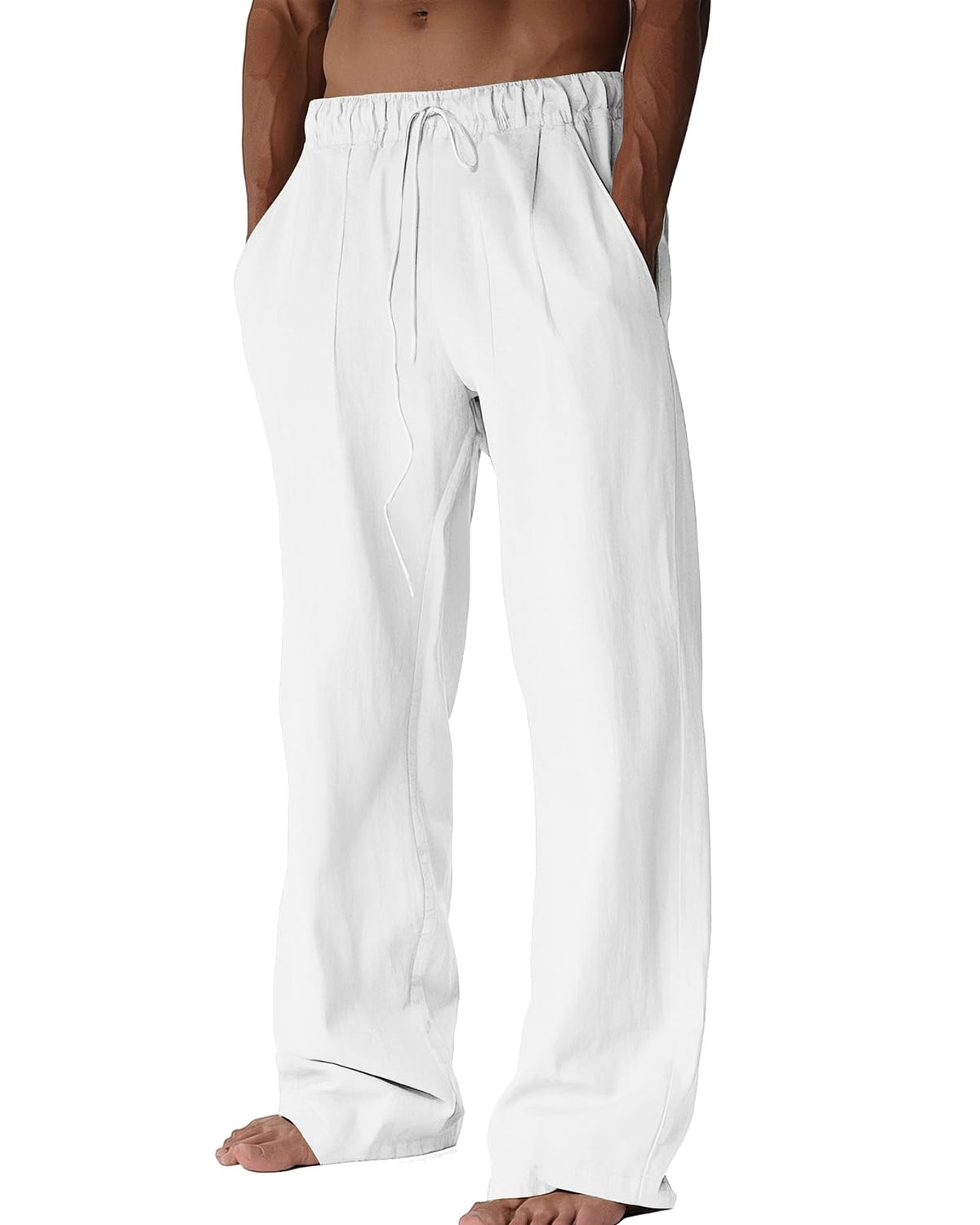 BUXKR Men's Linen Pants Beach Casual Cotton Summer Lightweight Elastic Waist Drawstring with Deep Pockets