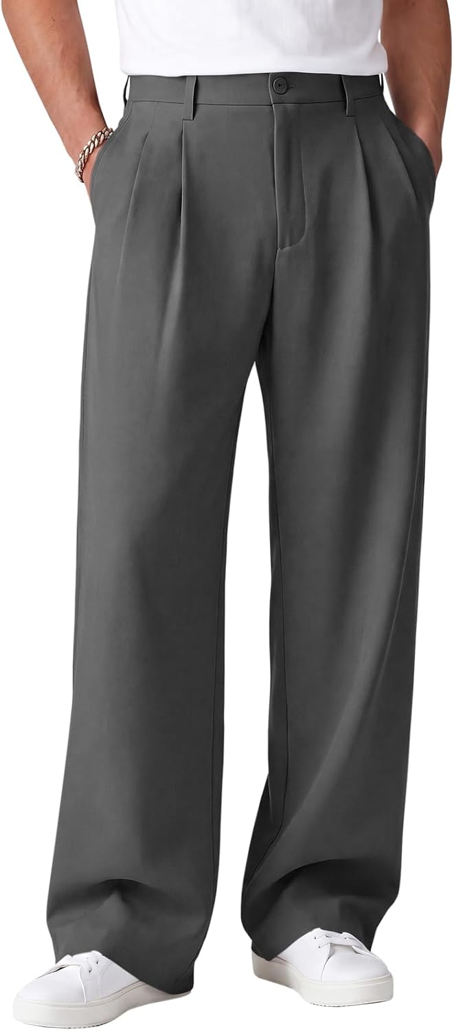 Runcati Mens Baggy Dress Pants Wide Leg Old Money Casual Pleated Slacks