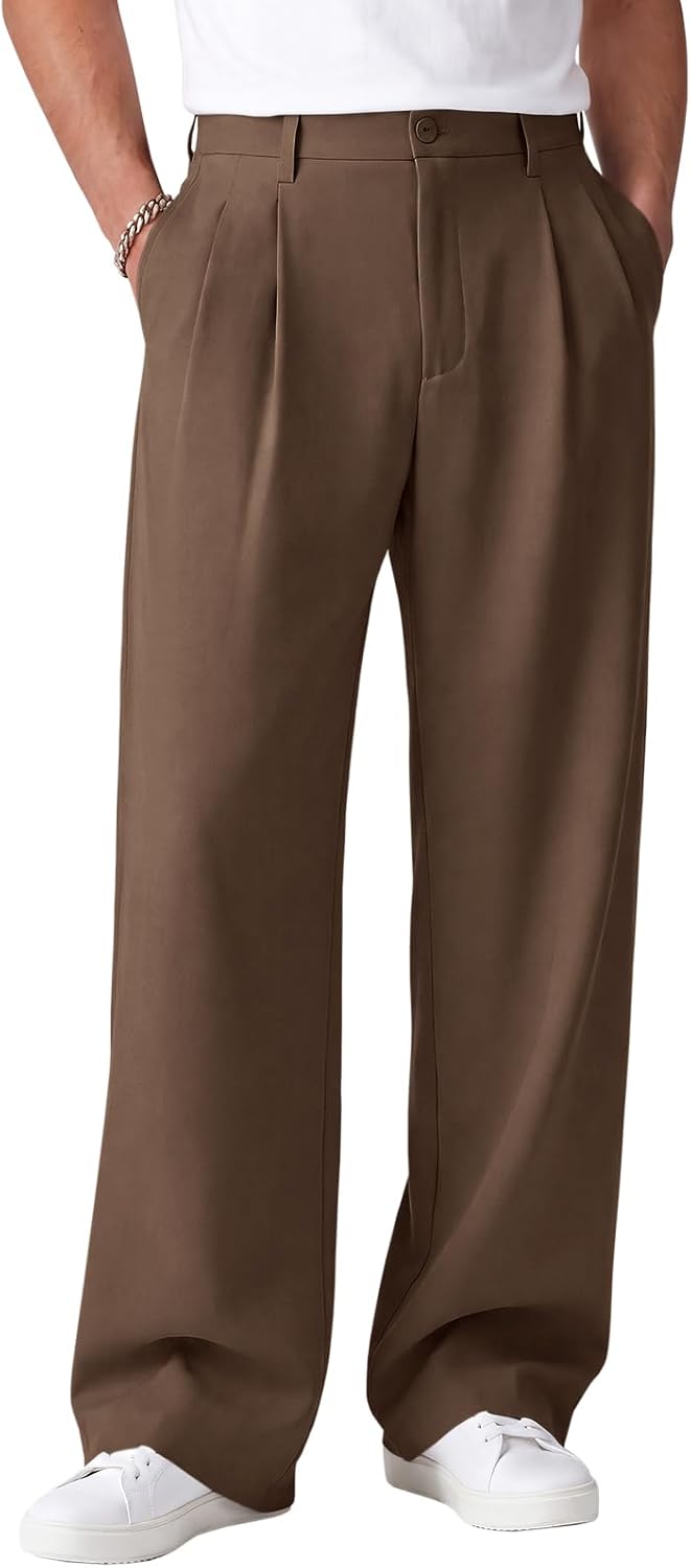 Runcati Mens Baggy Dress Pants Wide Leg Old Money Casual Pleated Slacks