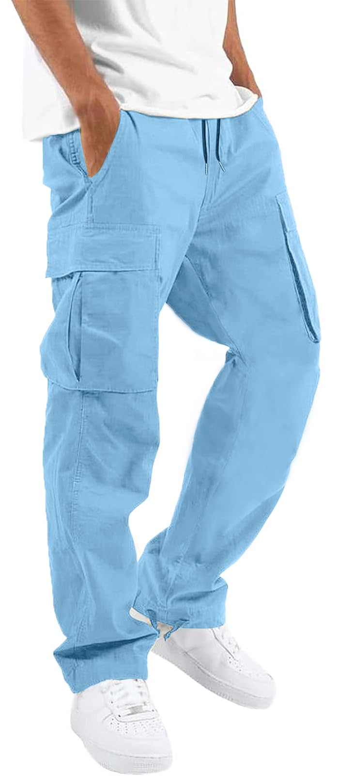 HUNGSON Mens Cargo Pants Drawstring Casual Hiking Pants Joggers Athletic Trousers Cotton Loose Straight Sweatpants for Men