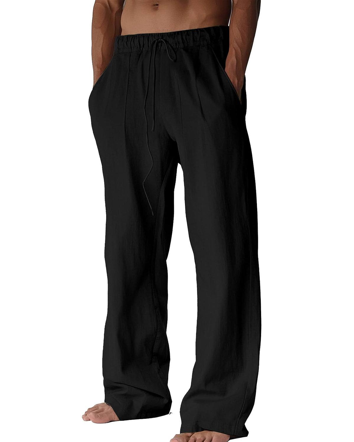 BUXKR Men's Linen Pants Beach Casual Cotton Summer Lightweight Elastic Waist Drawstring with Deep Pockets