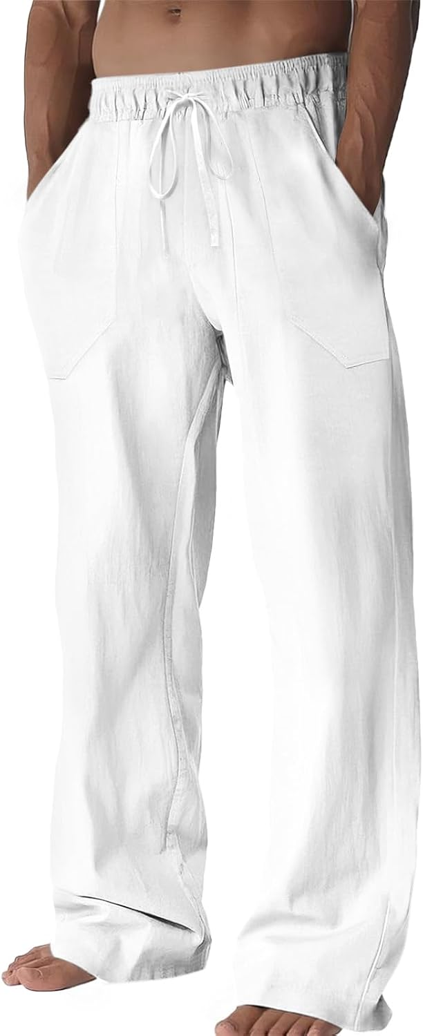 Runcati Mens Casual Pants Linen Drawstring Elastic Waist Loose Fit Straight Leg Pants Summer Beach Vacation Yoga Trousers