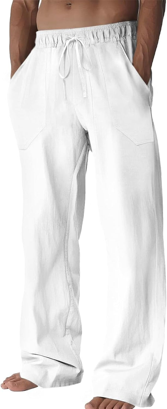 Runcati Mens Casual Pants Linen Drawstring Elastic Waist Loose Fit Straight Leg Pants Summer Beach Vacation Yoga Trousers