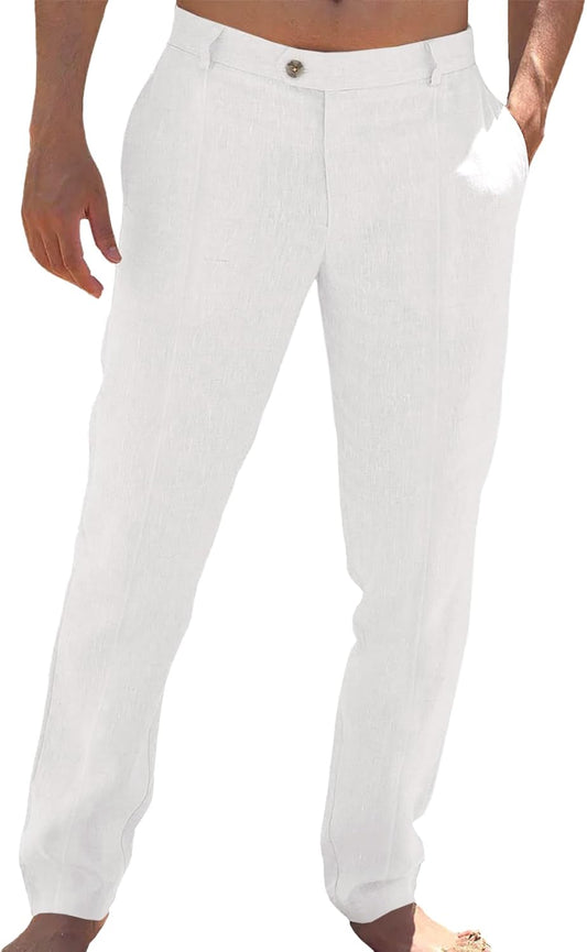 Runcati Mens Cotton Linen Casual Pants Dress Elastic Waist Trousers Slacks