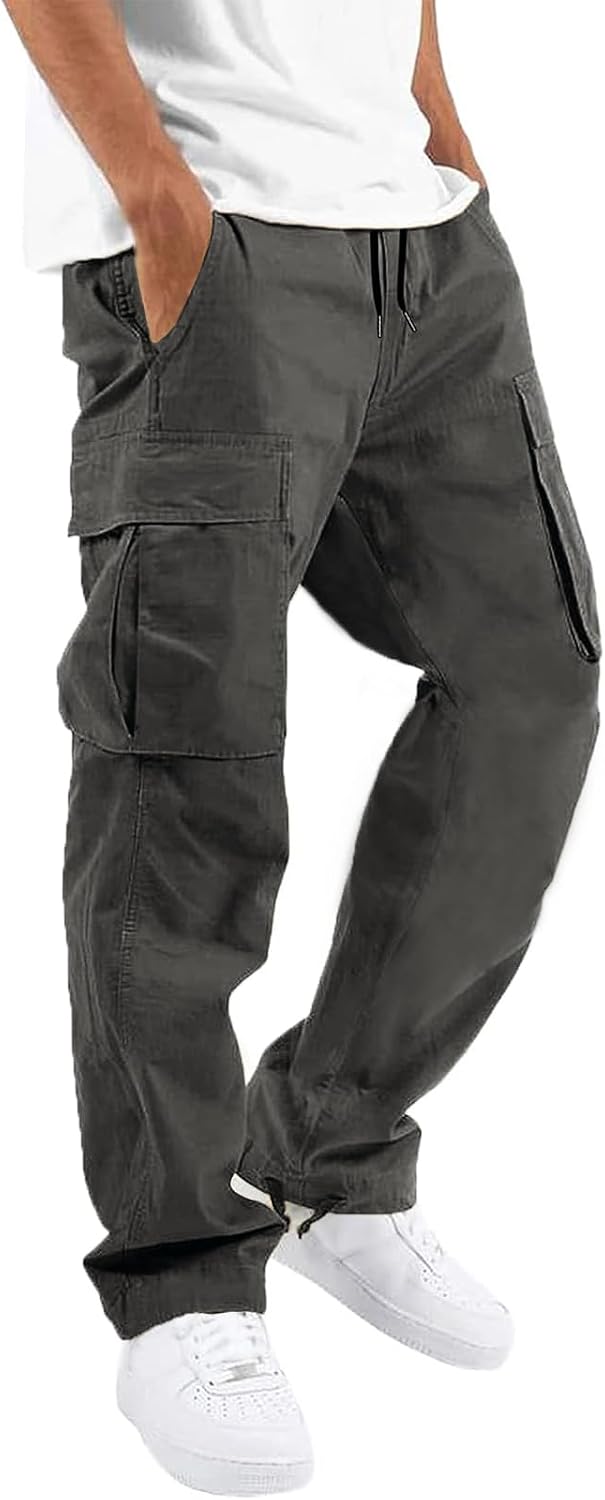 HUNGSON Mens Cargo Pants Drawstring Casual Hiking Pants Joggers Athletic Trousers Cotton Loose Straight Sweatpants for Men
