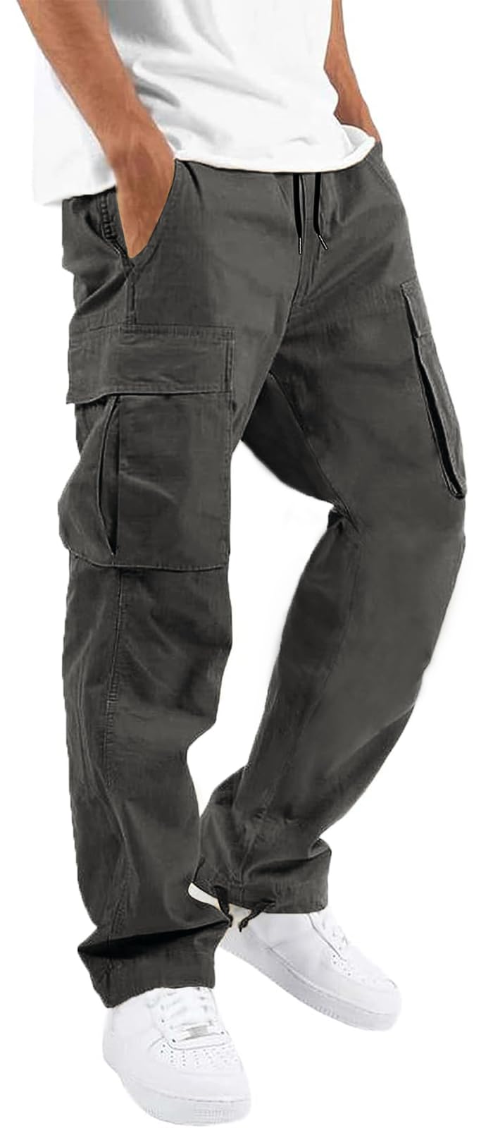 HUNGSON Mens Cargo Pants Drawstring Casual Hiking Pants Joggers Athletic Trousers Cotton Loose Straight Sweatpants for Men