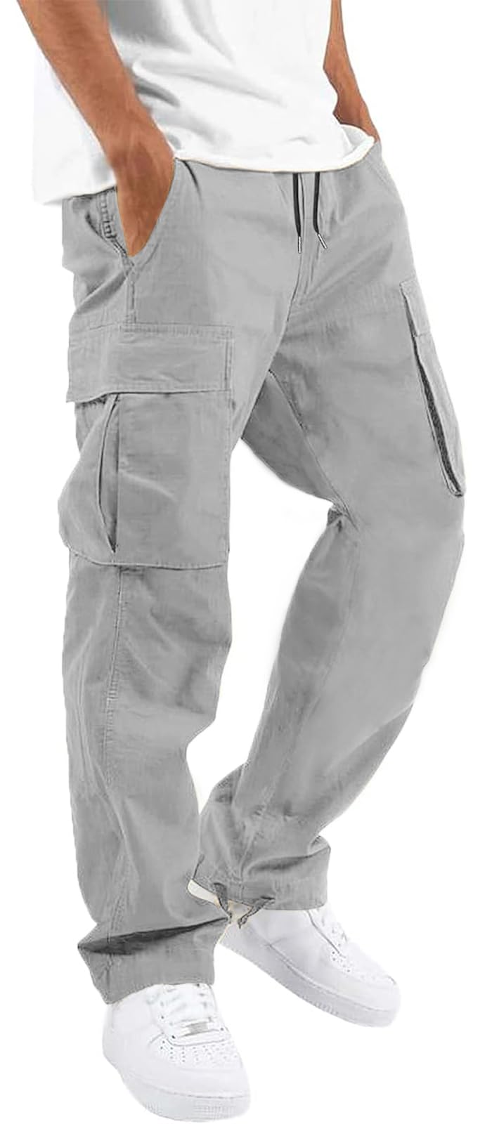 HUNGSON Mens Cargo Pants Drawstring Casual Hiking Pants Joggers Athletic Trousers Cotton Loose Straight Sweatpants for Men