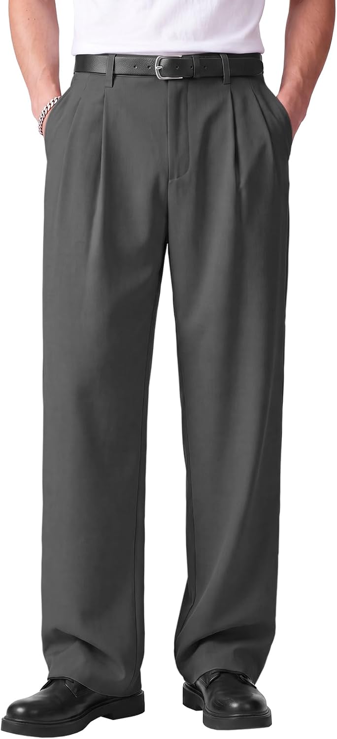 Runcati Mens Baggy Dress Pants Wide Leg Old Money Casual Pleated Slacks