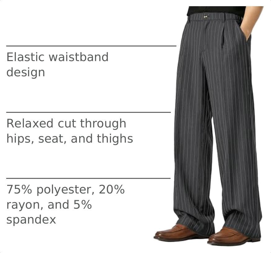 Susclude Mens Pinstripe Casual Dress Pants Old Money Wide Leg Baggy Pleated Slacks Elastic Wasist Loose Fit Work Trousers