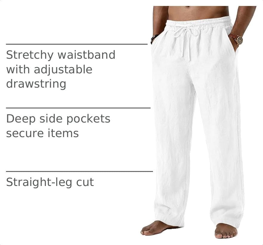 Mens Cotton Linen Pants Summer Beach Pant Loose Fit with Drawstring