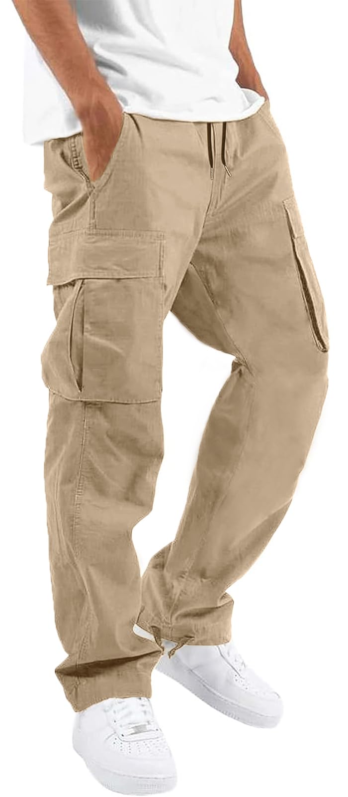 HUNGSON Mens Cargo Pants Drawstring Casual Hiking Pants Joggers Athletic Trousers Cotton Loose Straight Sweatpants for Men