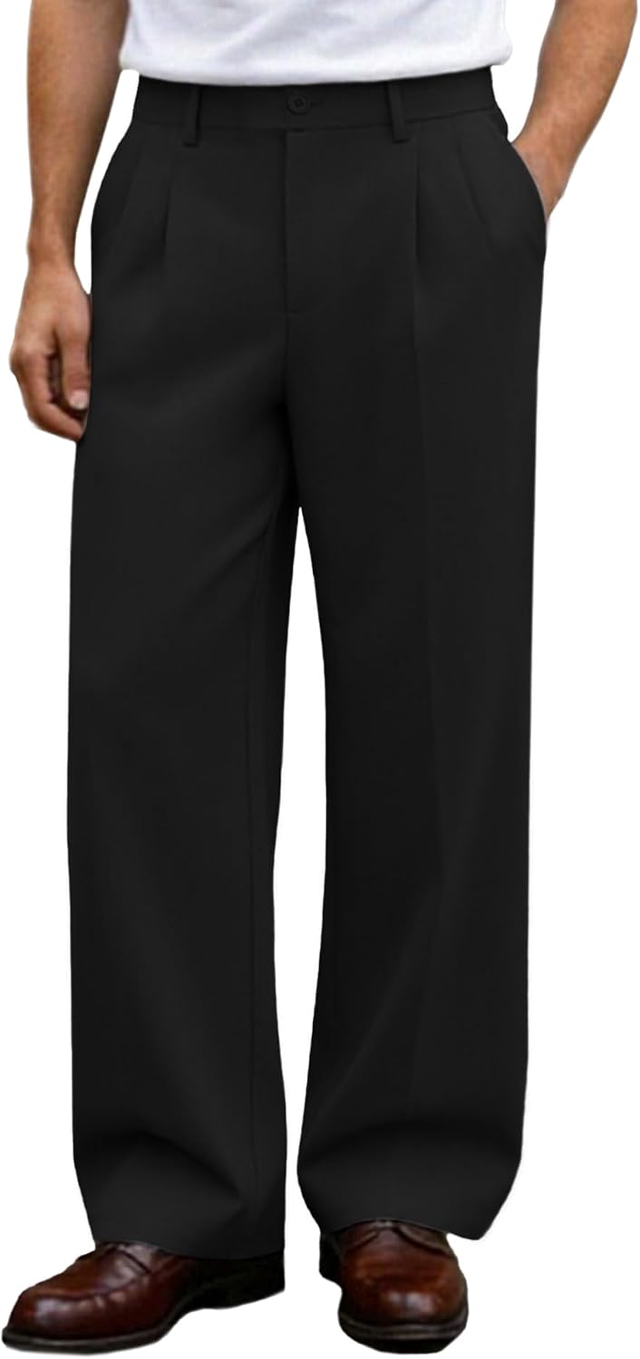 Susclude Mens Casual Dress Pants Old Money Pleated Baggy Wide Leg Slacks Vintage Stylish Relaxed Fit Work Trousers