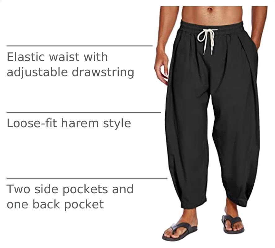 COOFANDY Men's Cotton Linen Harem Pants Drawstring Casual Cropped Trousers Lightweight Loose Beach Yoga Pants with Pockets