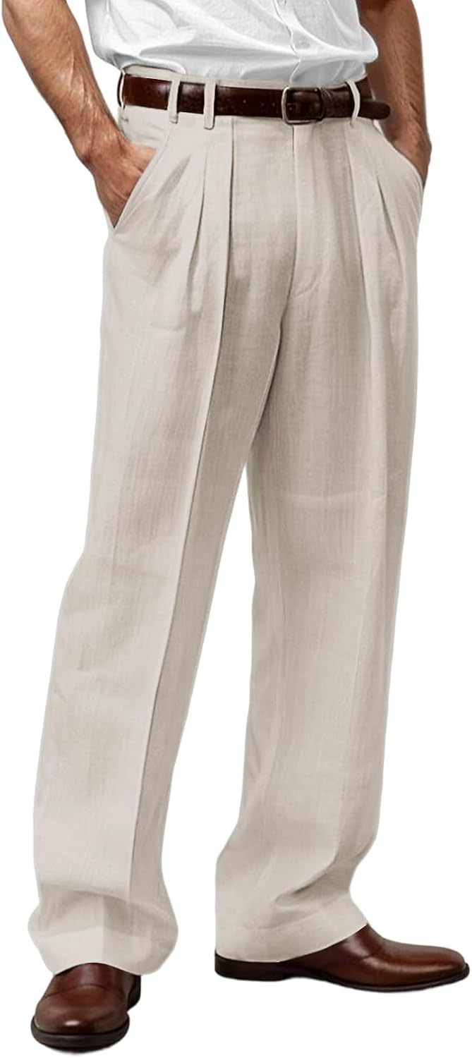 Mens Linen Blend Pants Pleated Front Relaxed Fit Trousers