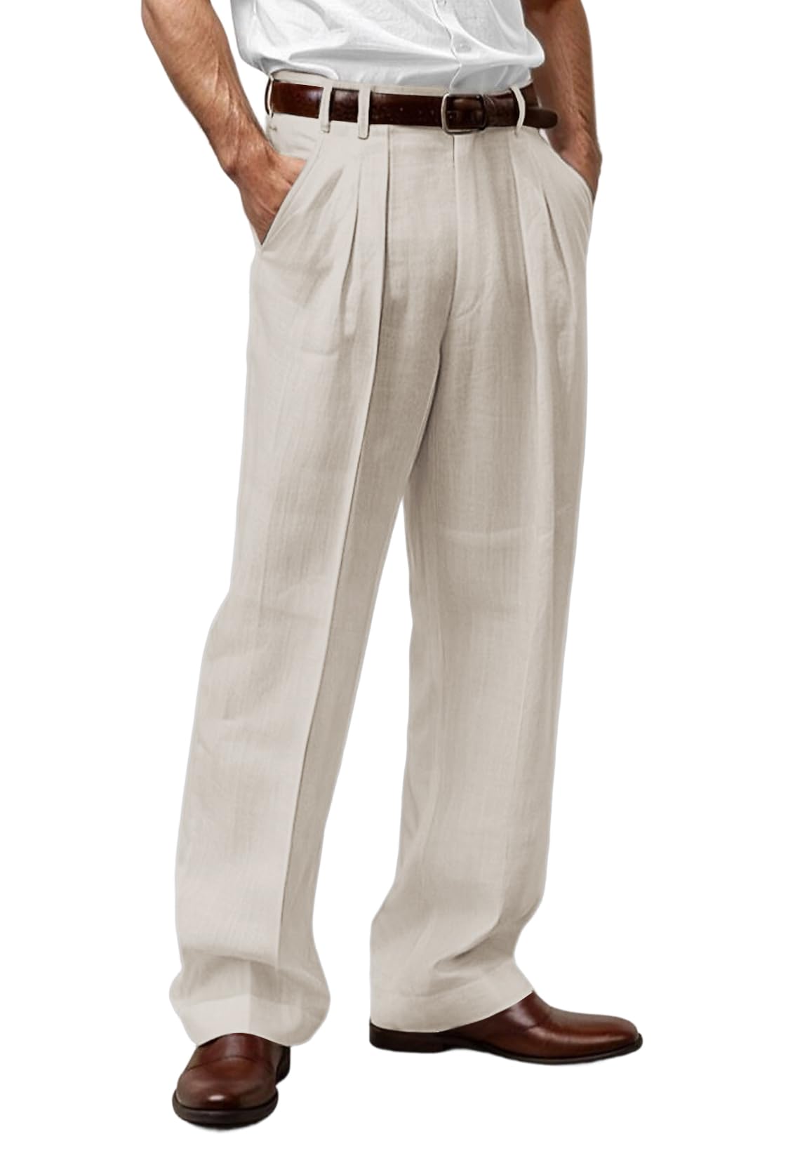 Mens Linen Blend Pants Pleated Front Relaxed Fit Trousers