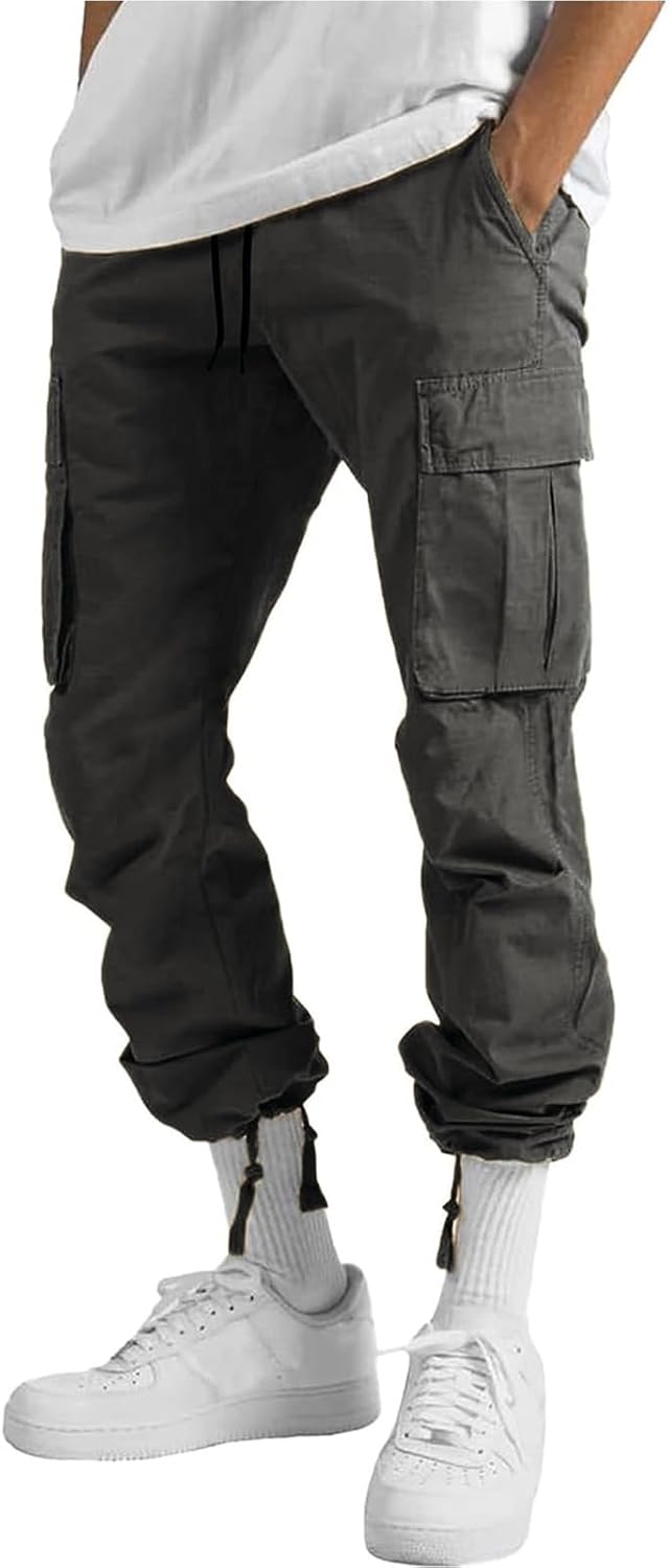 HUNGSON Mens Cargo Pants Drawstring Casual Hiking Pants Joggers Athletic Trousers Cotton Loose Straight Sweatpants for Men