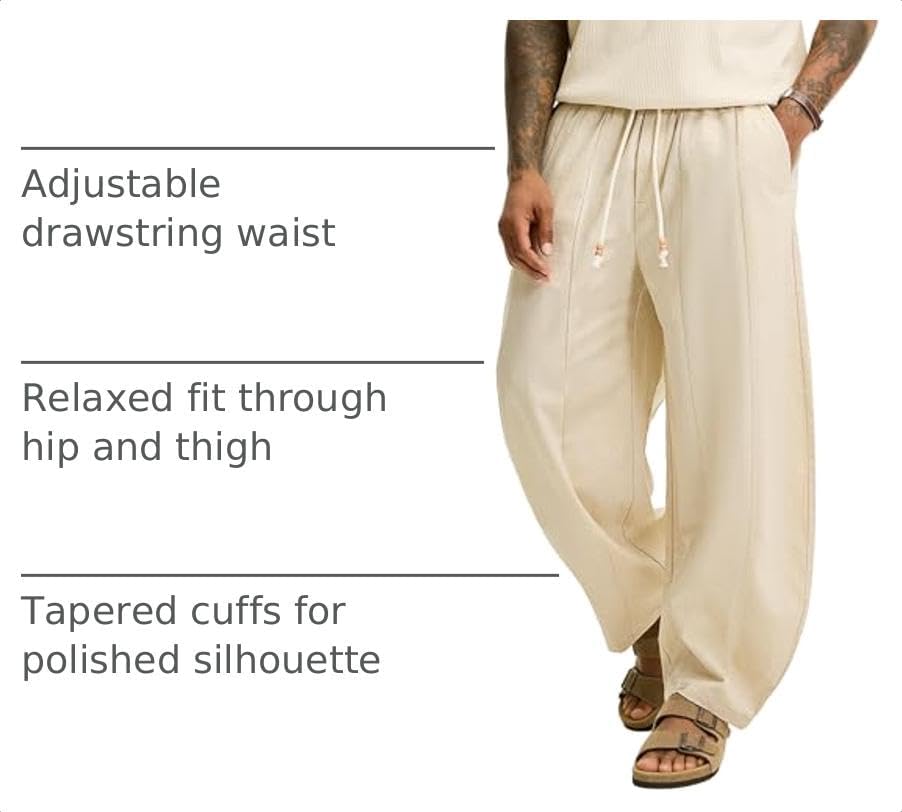 JEMLDL Men's Baggy Linen Cotton Pants Drawstring Summer Beach Vacation Pant