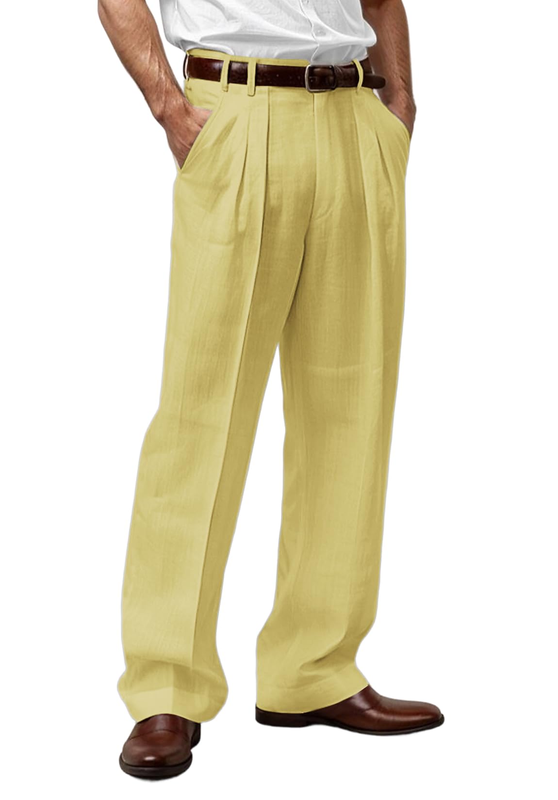 Mens Linen Blend Pants Pleated Front Relaxed Fit Trousers