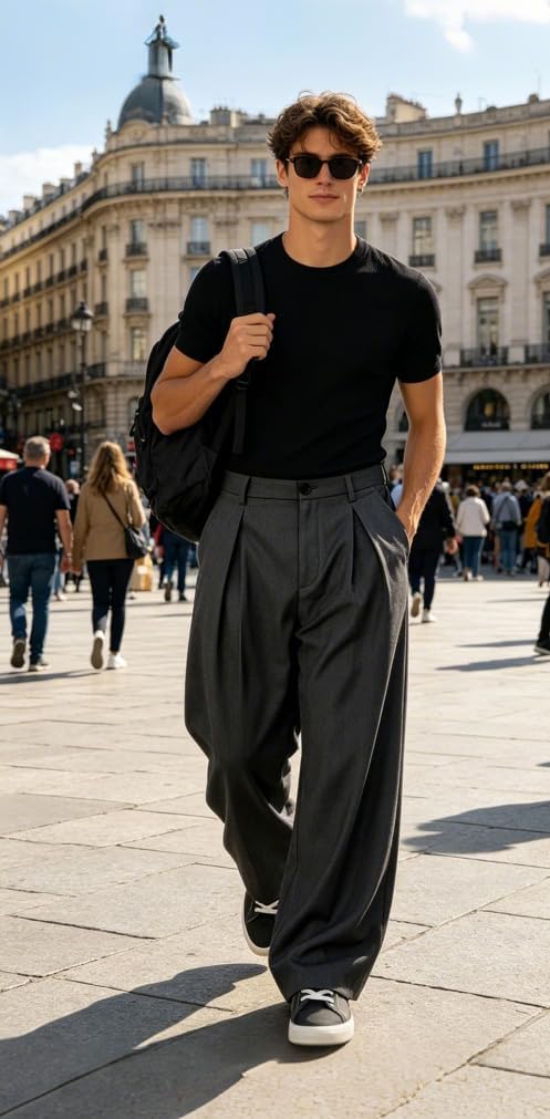 Percle Men's Pleated Baggy Wide Leg Dress Pants Old Money Casual Slacks