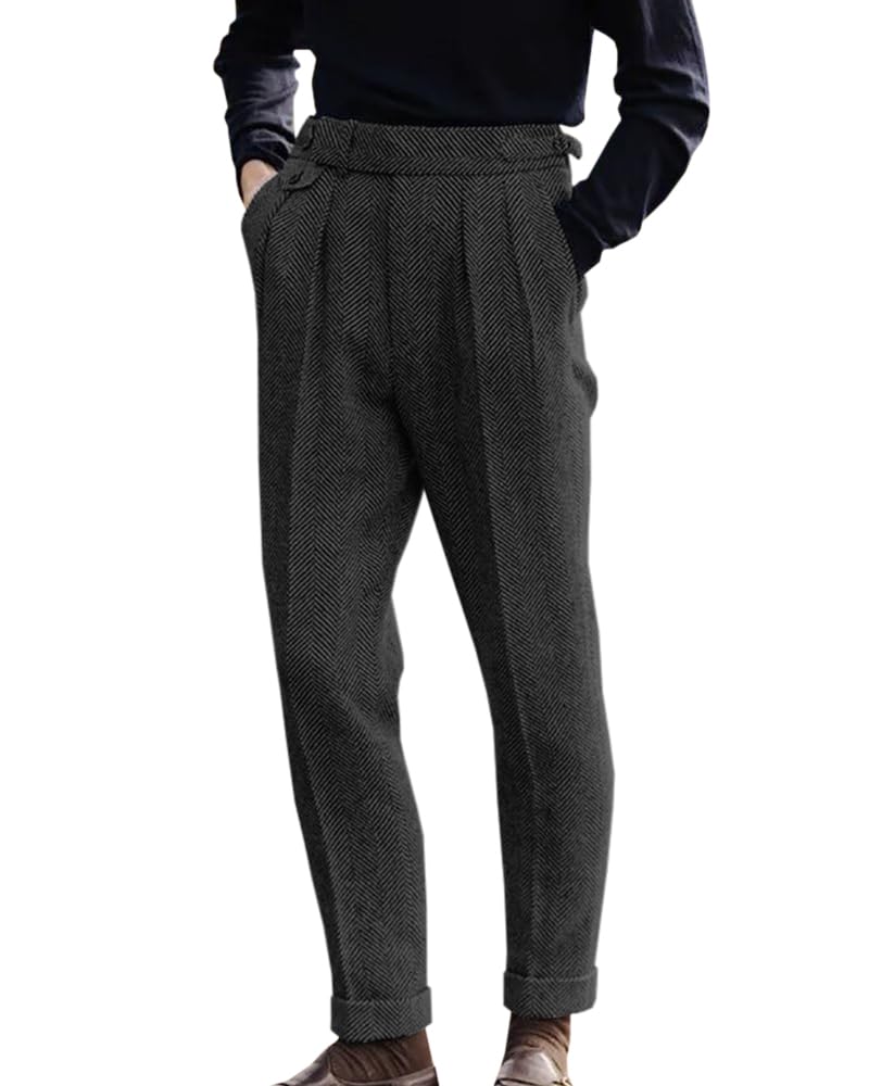 Men's Herringbone Tweed Dress Pants Regular Fit Vintage Wool Trousers