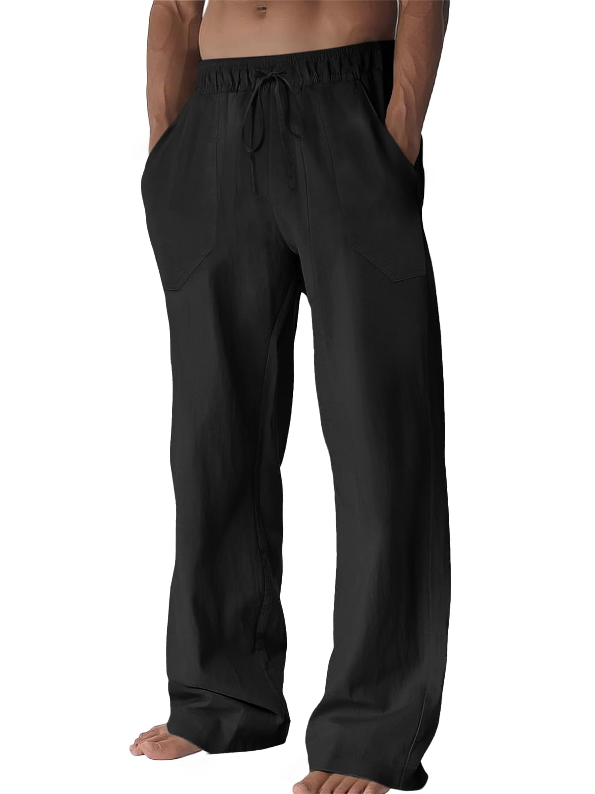 Runcati Mens Casual Pants Linen Drawstring Elastic Waist Loose Fit Straight Leg Pants Summer Beach Vacation Yoga Trousers