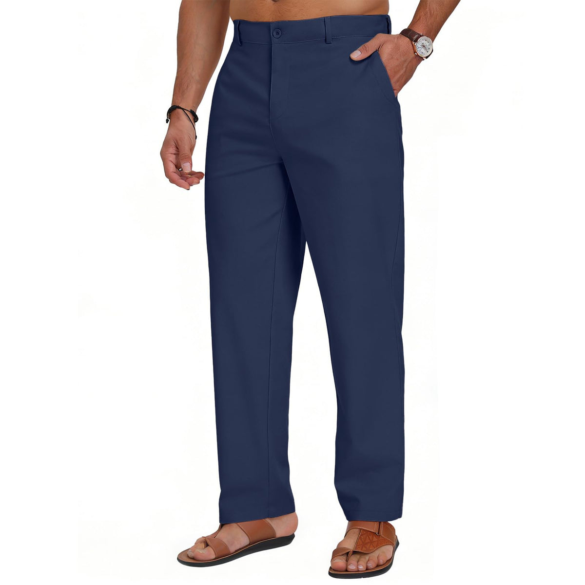 Puimentiua Mens Linen Casual Business Dress Pants Elastic Waist Regular Fit