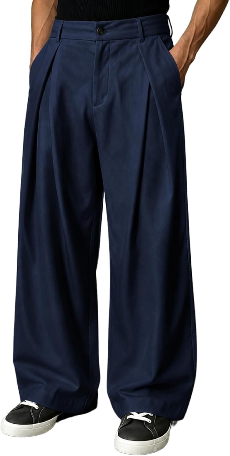 Percle Mens Baggy Casual Pants Elastic Back Waist Pleated Wide Leg Slacks