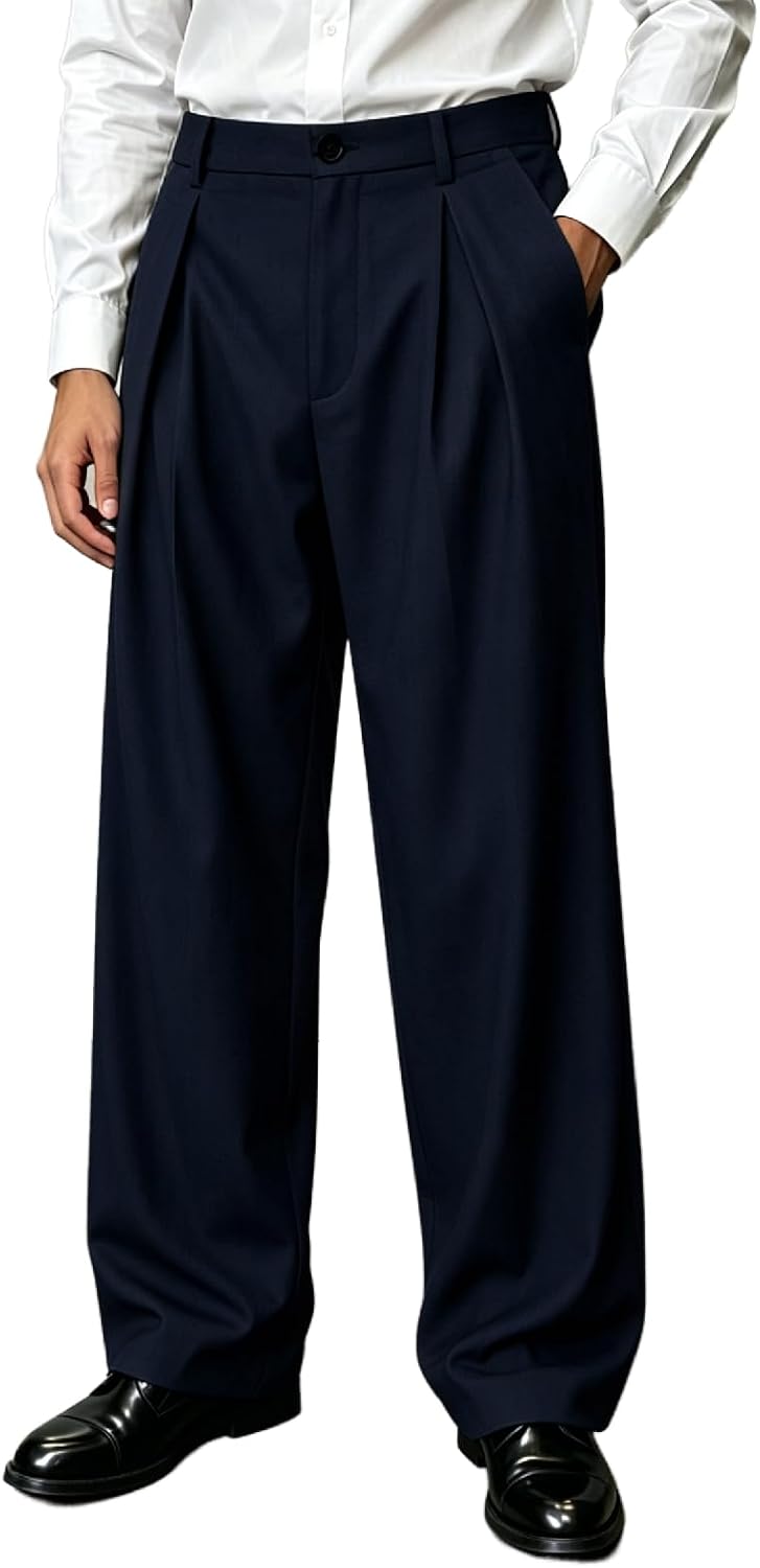 Percle Men's Pleated Baggy Wide Leg Dress Pants Old Money Casual Slacks