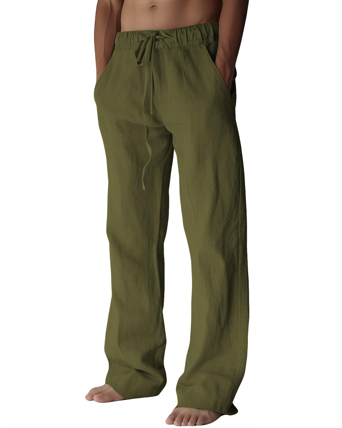 BUXKR Men's Linen Pants Beach Casual Cotton Summer Lightweight Elastic Waist Drawstring with Deep Pockets
