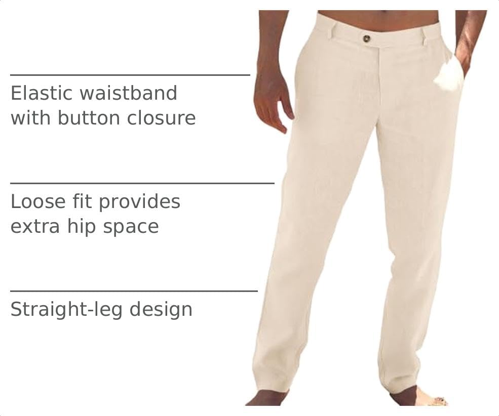 Runcati Mens Casual Pants Linen Dress Loose Summer Beach Yoga Trousers