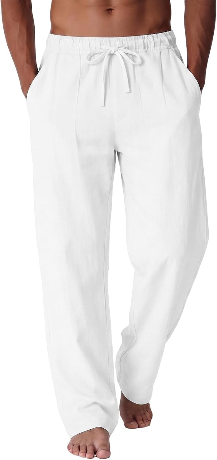 Men's Cotton Linen Pants Casual Summer Beach Lightweight Pants with Pockets