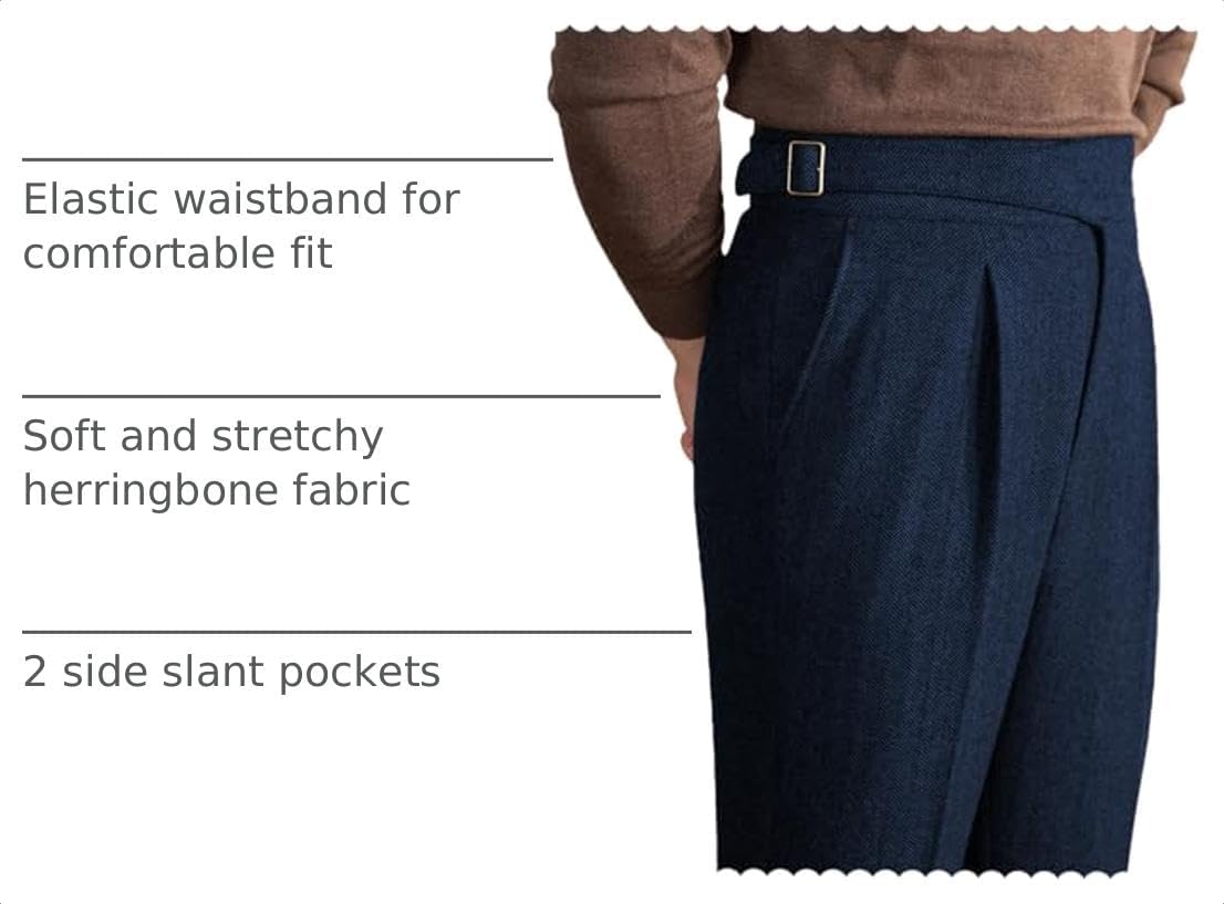 Men Trousers Vintage Tweed Blend Pants Herringbone Slim Fit Pleat-Front Pant