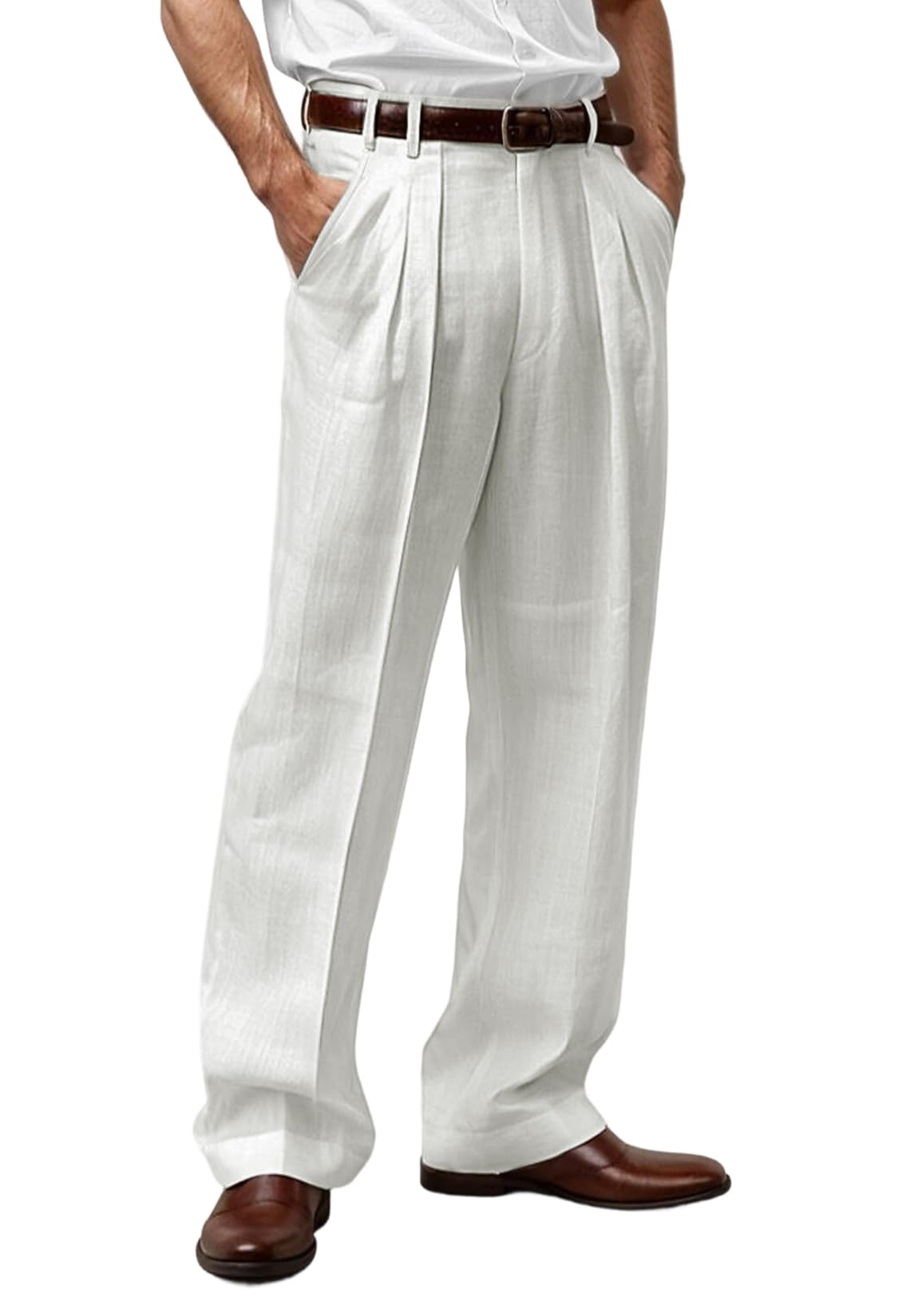 Mens Linen Blend Pants Pleated Front Relaxed Fit Trousers