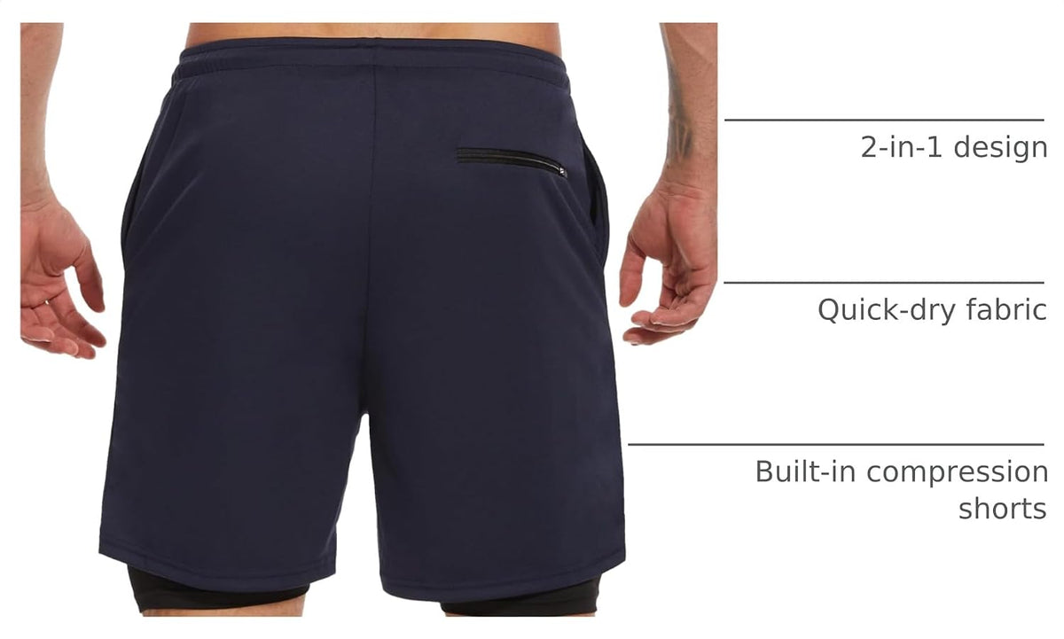 Kinglaman 1/4 Pack Men's 2 in 1 Lined Running Shorts Gym Athletic Shorts