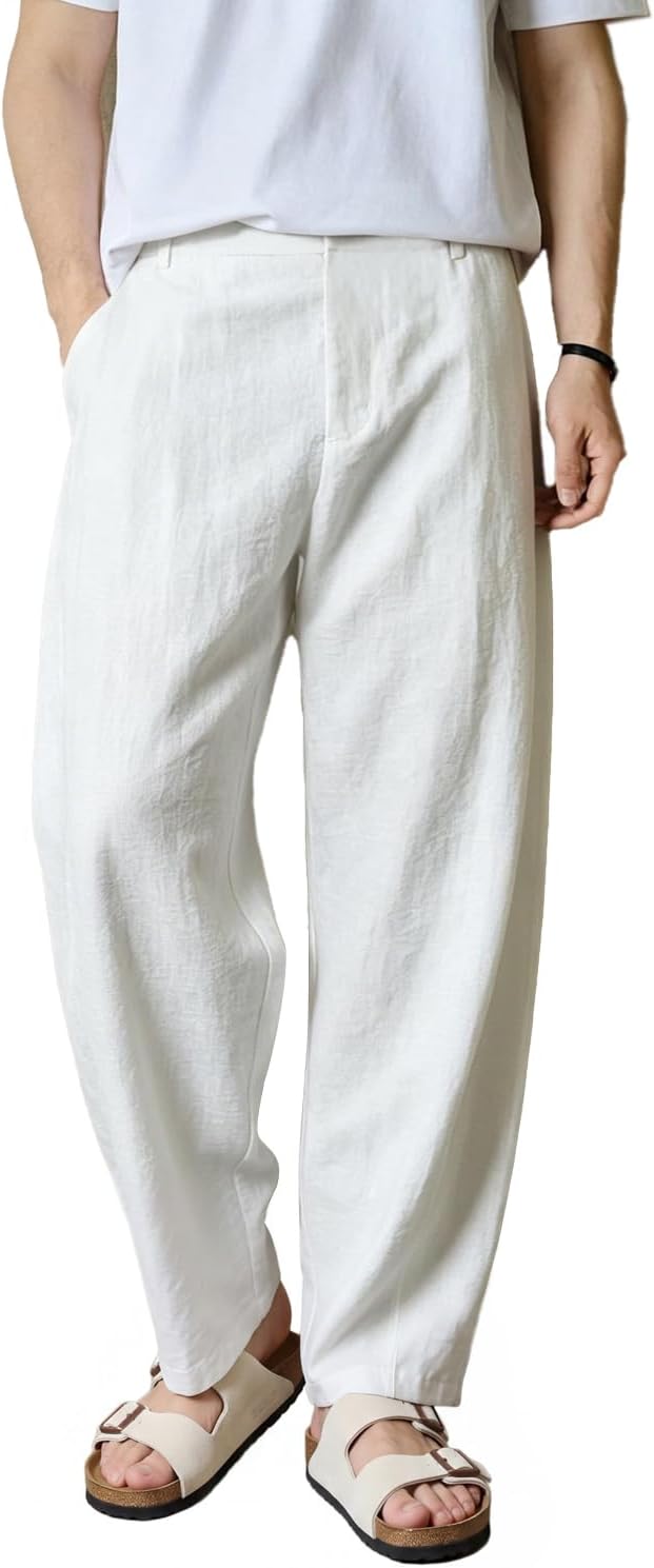 Heyfanee Linen Pants Men Casual Summer Beach Pleated Trousers Loose Fit