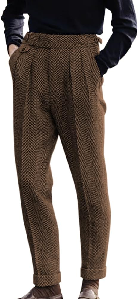 Men's Herringbone Tweed Dress Pants Regular Fit Vintage Wool Trousers
