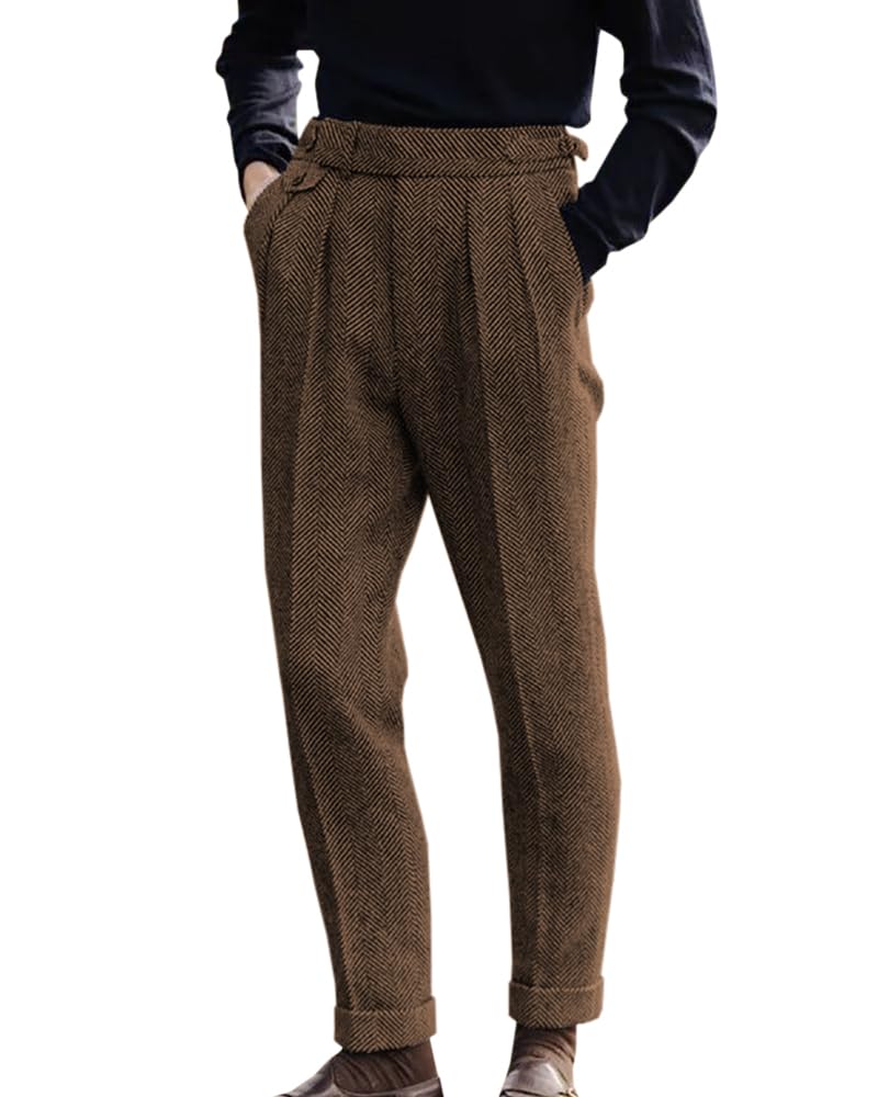 Men's Herringbone Tweed Dress Pants Regular Fit Vintage Wool Trousers