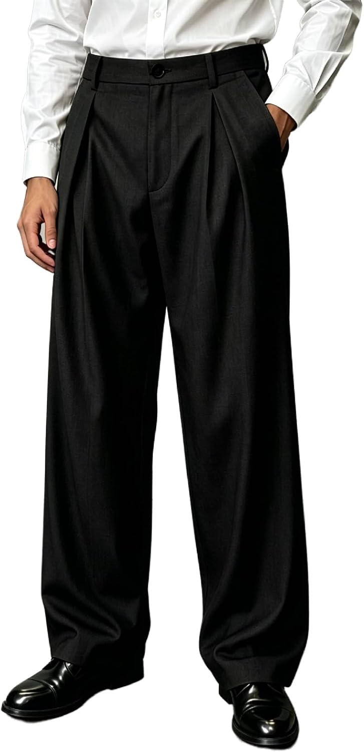 Percle Men's Pleated Baggy Wide Leg Dress Pants Old Money Casual Slacks