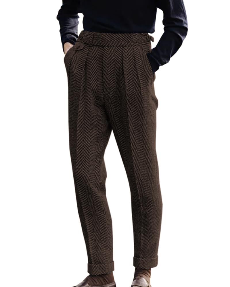 Men's Herringbone Tweed Dress Pants Regular Fit Vintage Wool Trousers