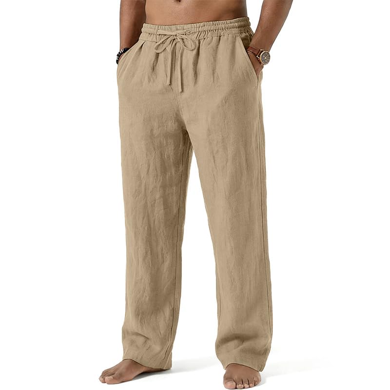 Mens Cotton Linen Pants Summer Beach Pant Loose Fit with Drawstring