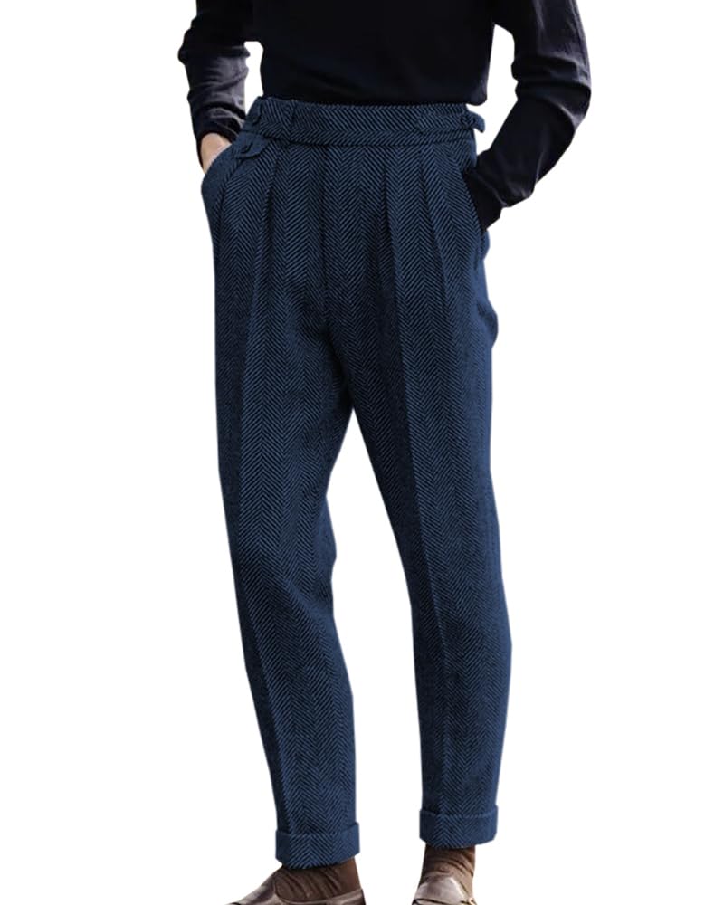 Men's Herringbone Tweed Dress Pants Regular Fit Vintage Wool Trousers