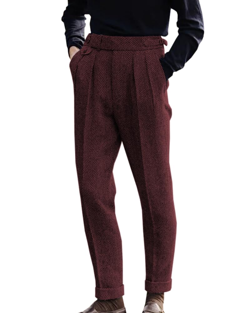 Men's Herringbone Tweed Dress Pants Regular Fit Vintage Wool Trousers