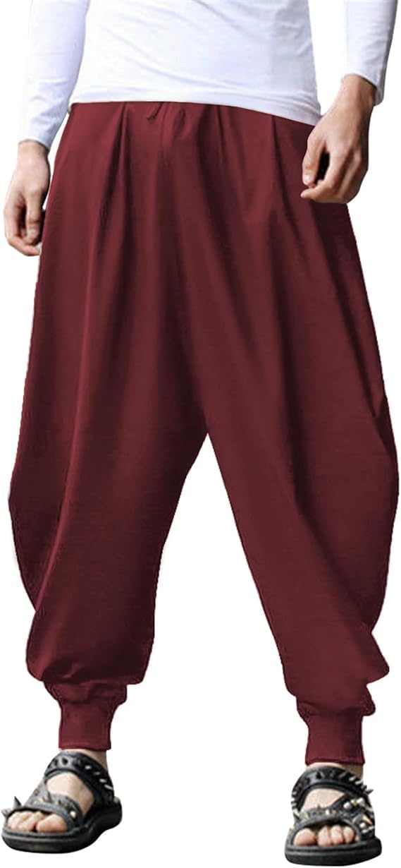 COOFANDY Men Hippie Harem Pants Baggy Linen Cotton Boho Yoga Pants Summer Beach Pants Casual Drop Crotch Trouser