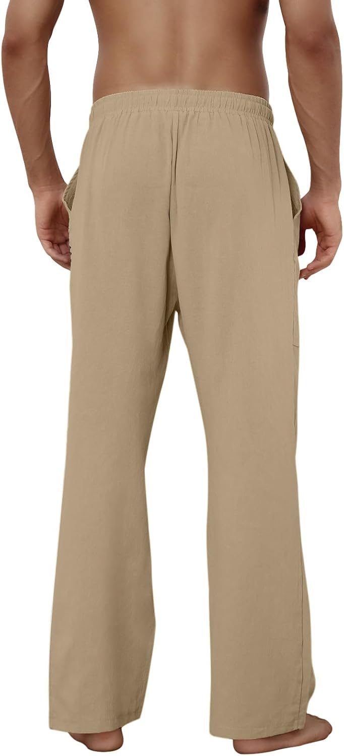 Puimentiua Cotton Linen Pants Men Casual Loose Fit Summer Beach Pants