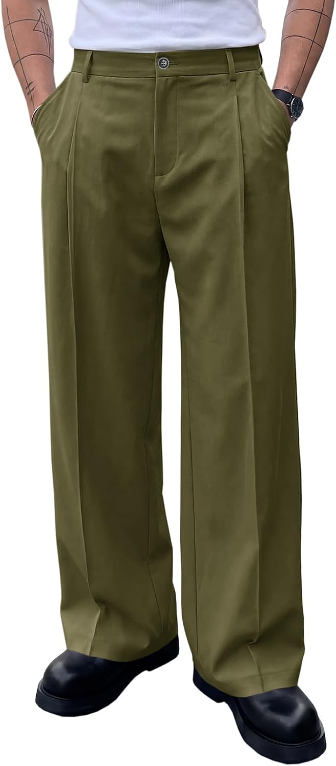 Runcati Mens Baggy Dress Pants Casual Pleated Wide Leg Lightweight Trousers