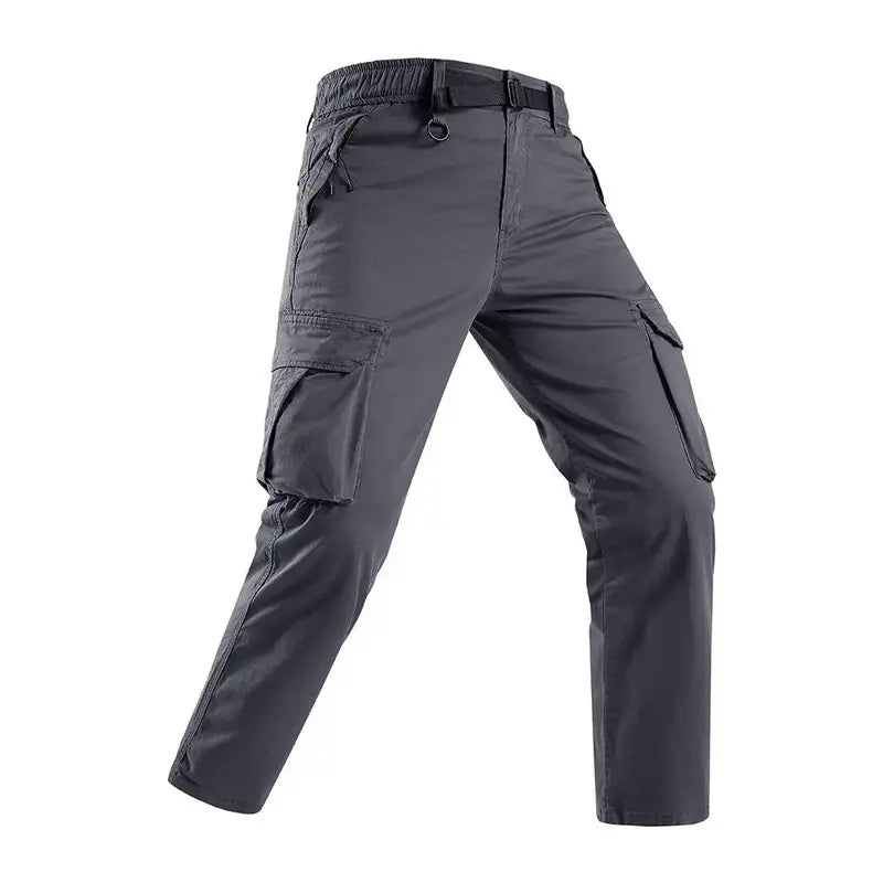 Zip Pocket Belted Elastic Waist Straight Leg Cargo Pants, Cotton Loose Fit Tactical Work Trousers, Lightweight Mens Hiking Street Travel Casual Everyday Pants