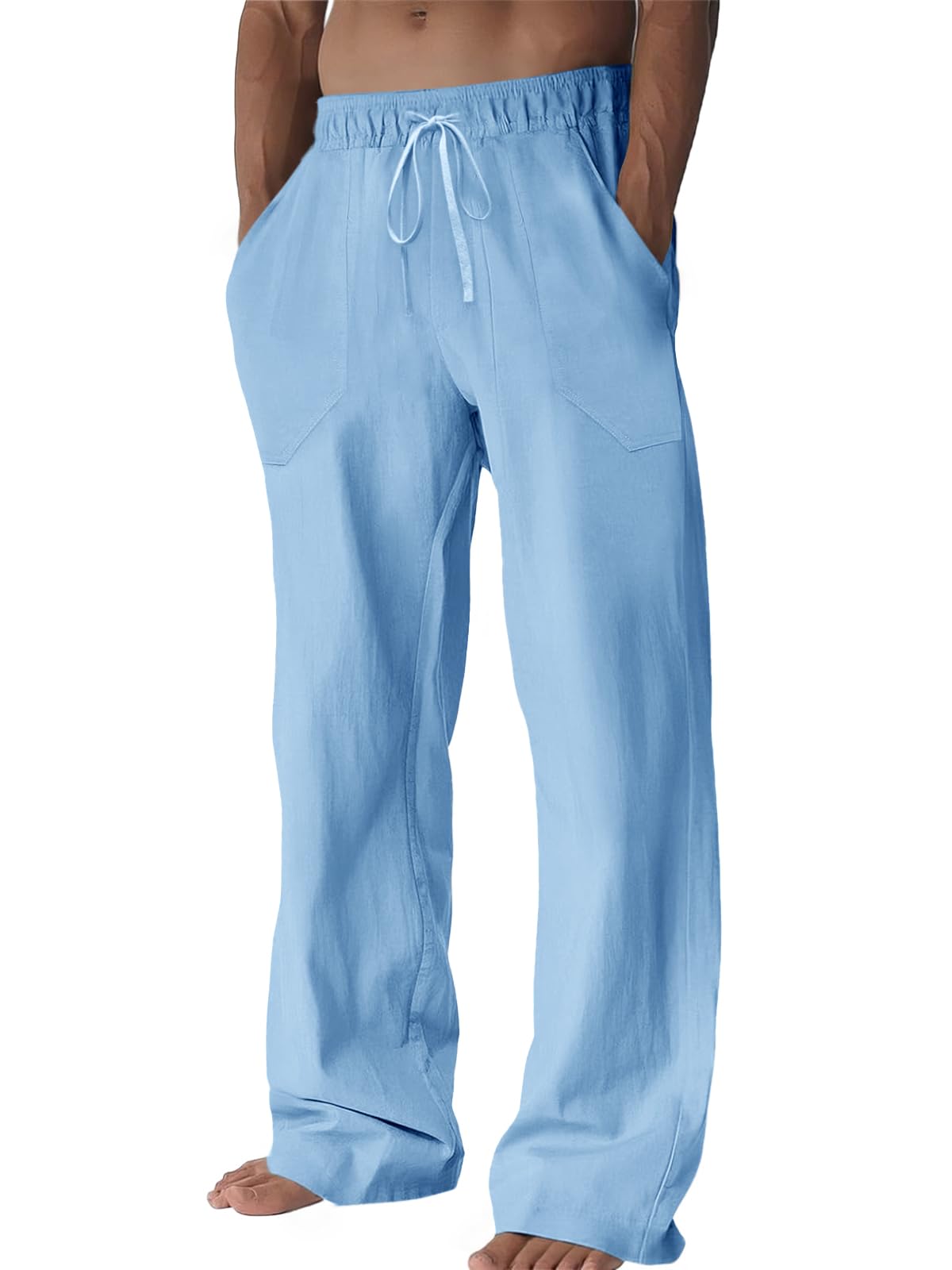 Runcati Mens Casual Pants Linen Drawstring Elastic Waist Loose Fit Straight Leg Pants Summer Beach Vacation Yoga Trousers