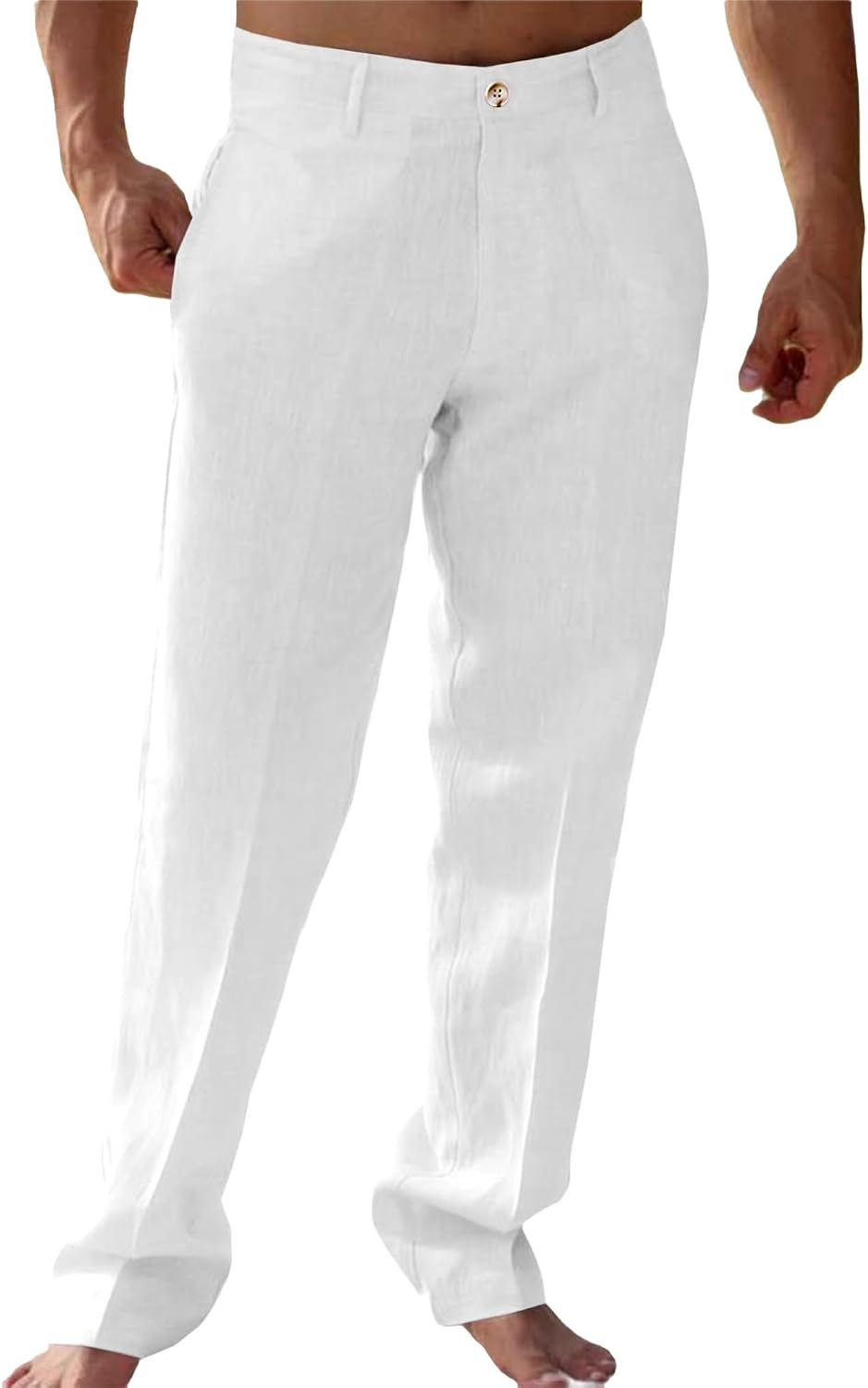 Runcati Mens Casual Pants Linen Elastic Waist Lightweight Straight Pants