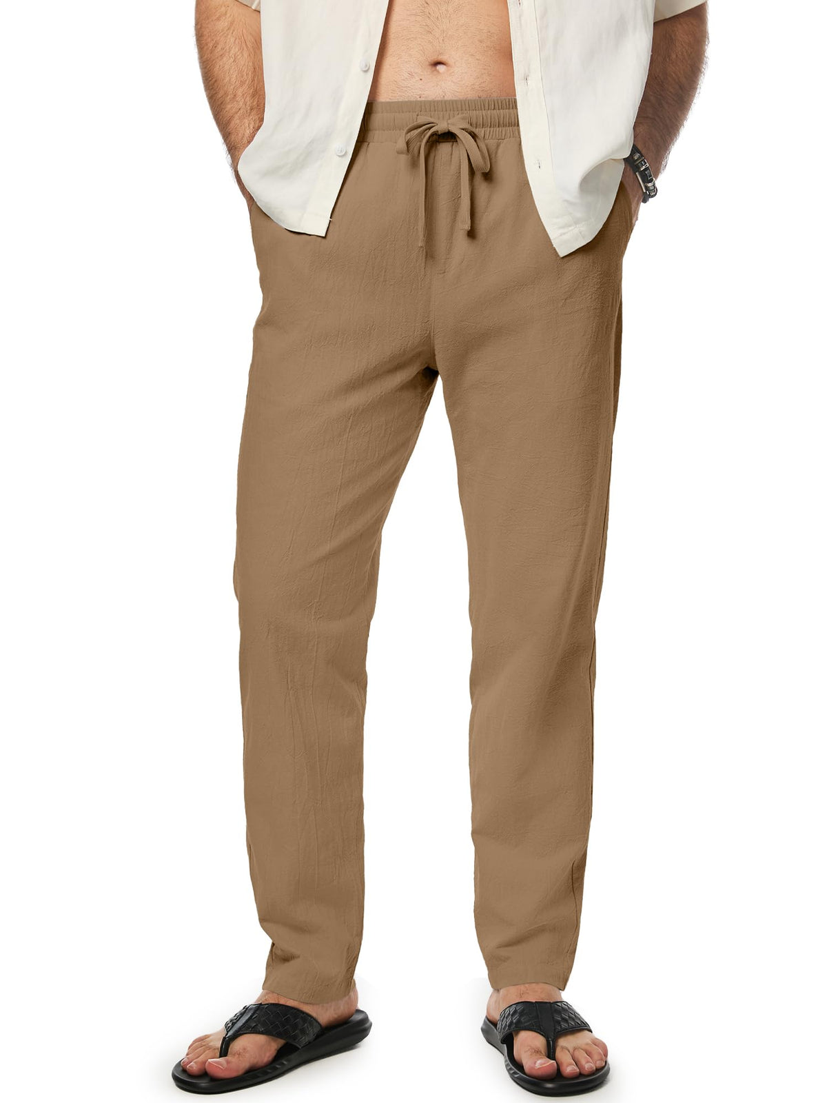 JMIERR Mens 100% Cotton Pants Casual Elastic Waist Drawstring Lightweight Summer Beach Trousers with Pockets